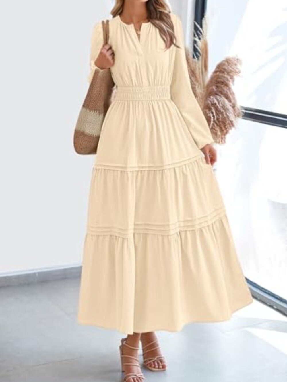 ๐ Women's Elegant Maxi Dresses Long Sleeve V Neck Flowy Pockets Casual Modest - Picture 2 of 5